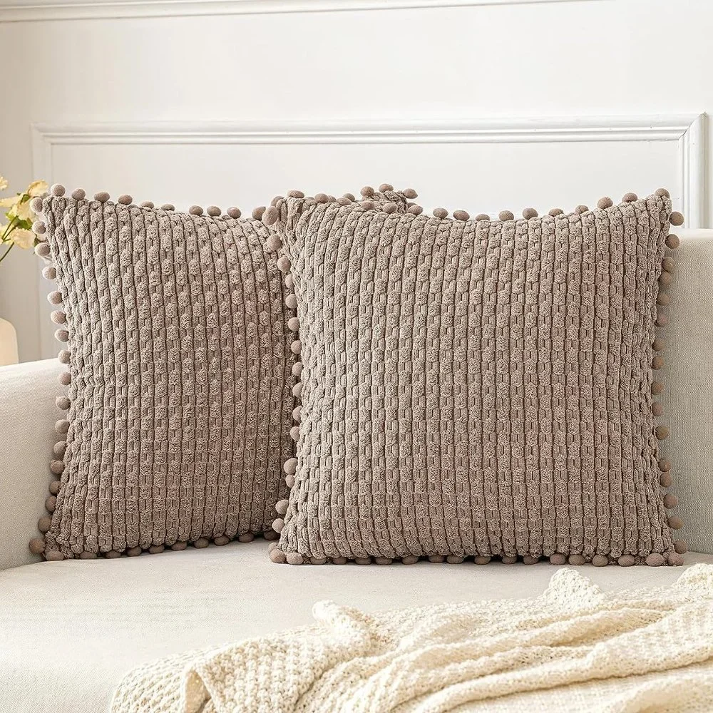 Pompom Tan Stripe Texture Corduroy Farmhouse Cute Luxury Soft Pillow Cover Set